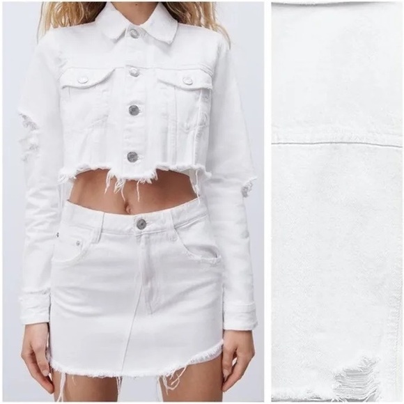 Zara Denim Jacket Womens Cropped White Raw Hem - Picture 3 of 11